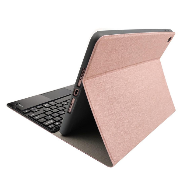 RK102C Detachable Magnetic Plastic Bluetooth Keyboard with Touchpad + Silk Pattern TPU Tablet Case for iPad 10.2, with Pen Slot & Bracket(Rose Gold)