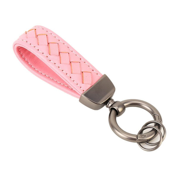 Car Metal + Braided Leatherette Key Ring Keychain (Pink)