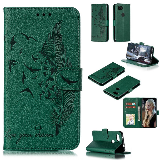 Feather Pattern Litchi Texture Horizontal Flip Leatherette Case with Wallet & Holder & Card Slots - Google Pixel 3a(Green)
