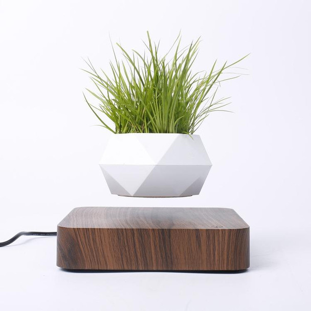 Diamond Plastic Flower Pot + Dark Wood Grain Base Magnetic Levitation Potted Plant Home Decoration, US Plug