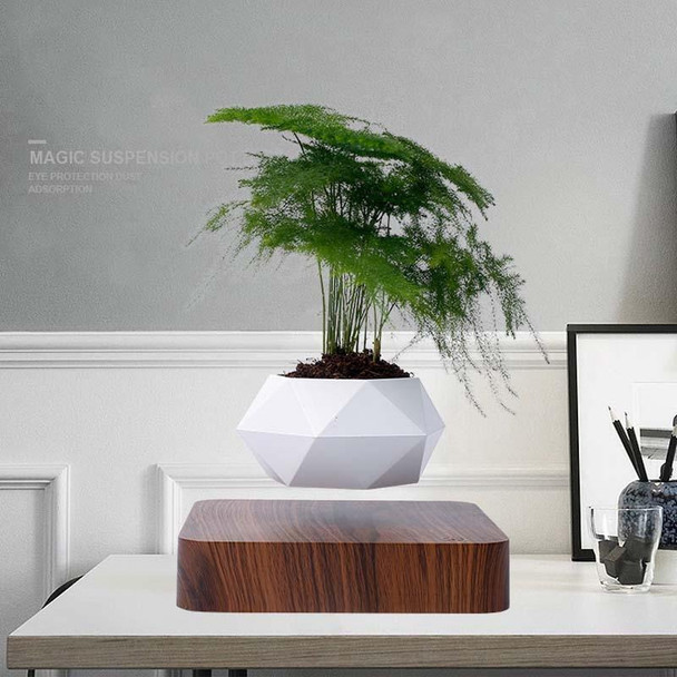 Diamond Plastic Flower Pot + Dark Wood Grain Base Magnetic Levitation Potted Plant Home Decoration, US Plug