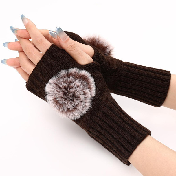 Autumn And Winter Women Fingerless Fur Ball Gloves Knitted Wool Warm Sleeves(Coffee)