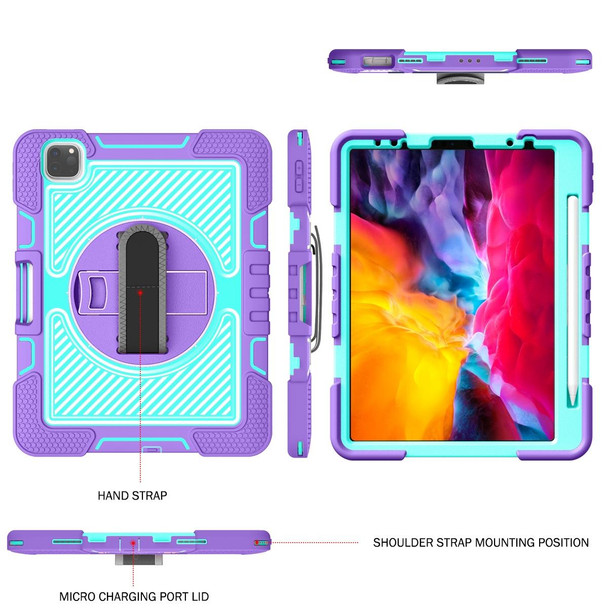 360 Degree Rotation Contrast Color Shockproof Silicone + PC Tablet Case with Holder & Hand Grip Strap & Shoulder Strap - iPad Air 2020 10.9 / Pro 11 2020 / 2021 / 2018 (Purple + Mint Green)
