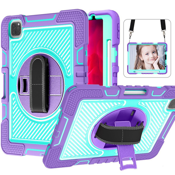 360 Degree Rotation Contrast Color Shockproof Silicone + PC Tablet Case with Holder & Hand Grip Strap & Shoulder Strap - iPad Air 2020 10.9 / Pro 11 2020 / 2021 / 2018 (Purple + Mint Green)