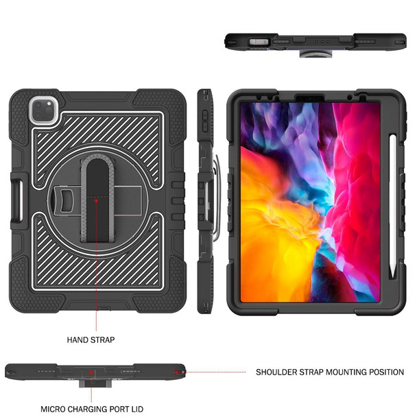 360 Degree Rotation Contrast Color Shockproof Silicone + PC Tablet Case with Holder & Hand Grip Strap & Shoulder Strap - iPad Air 2020 10.9 / Pro 11 2020 / 2021 / 2018 (Black)