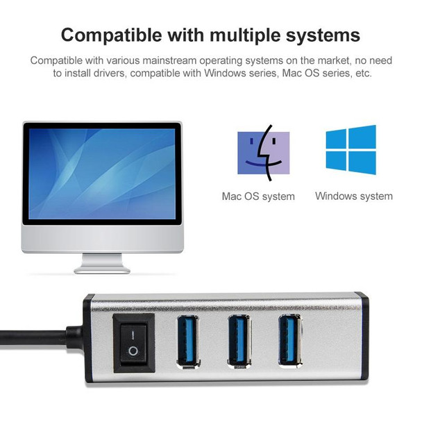 USB-C / Type-C to 4 USB 3.0 Ports Aluminum Alloy HUB with Switch (Silver)