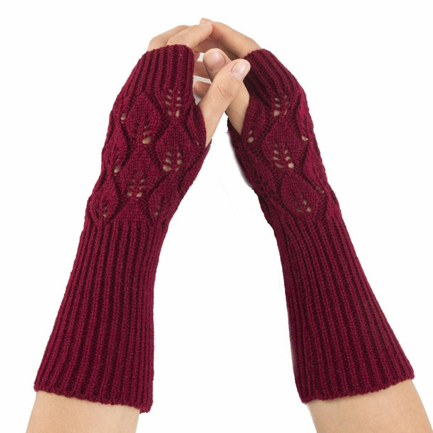 Winter Men and Women Knitted Jacquard Leaves Cycling Warm Fingerless Wool Gloves(Coffee)