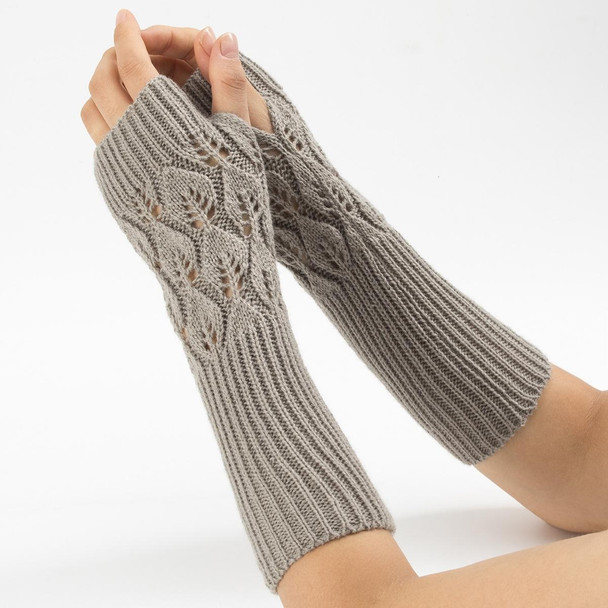 Winter Men and Women Knitted Jacquard Leaves Cycling Warm Fingerless Wool Gloves(Shallow Gray)