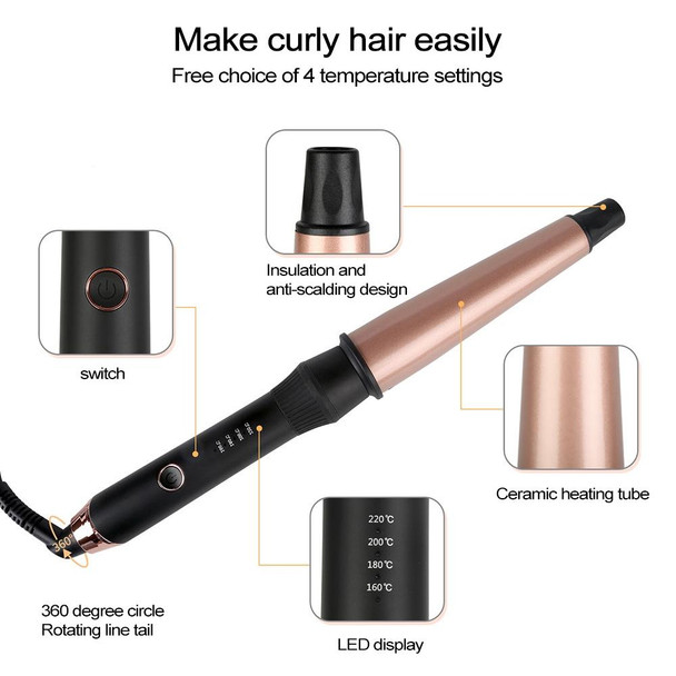 1-1.5 inch Conical Ceramic Hair Curler with Heat-resistant Gloves , UK Plug (Rose Gold)