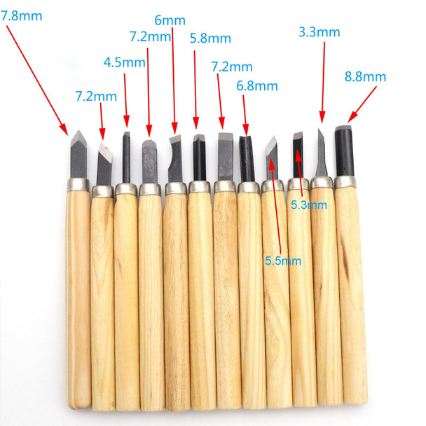 12 PCS / Set Assorted Wood Carving Tools Set with Stainless Steel Blade and Wood Handle