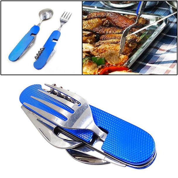 4-in-1 Stainless Steel Travel / Camping Folding Cutlery Set, Spoon + Fork + Knife +  Bottle Opener Set(Blue)