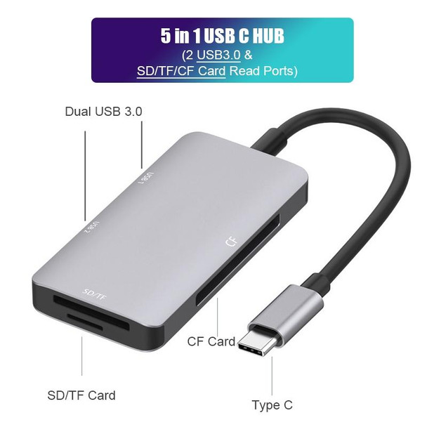 5 in 1 Data Read HUB Adapter with SD / TF / CF Card, Dual USB3.0 Ports