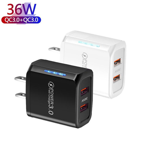 36W Dual Port QC3.0 USB Mobile Phone Charger Dual 18W Output, US Plug(Black)