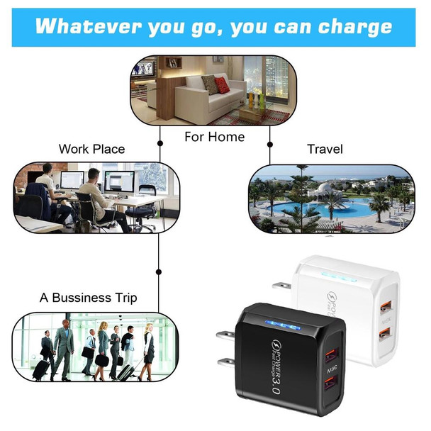 36W Dual Port QC3.0 USB Mobile Phone Charger Dual 18W Output, US Plug(Black)