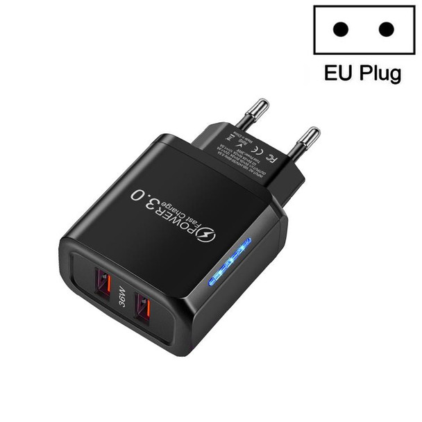 36W Dual Port QC3.0 USB Mobile Phone Charger Dual 18W Output, EU Plug(Black)