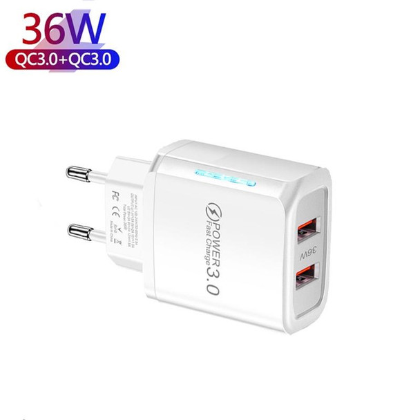 36W Dual Port QC3.0 USB Mobile Phone Charger Dual 18W Output, EU Plug(White)