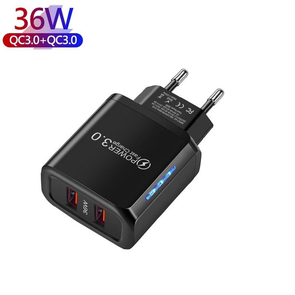 36W Dual Port QC3.0 USB Charger with 3A USB to 8 Pin Data Cable, EU Plug(Black)