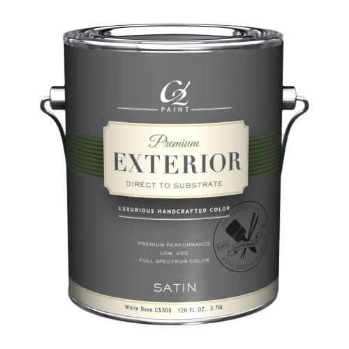 The front of a 1 gallon paint can of C2 Exterior premium paint in Satin sheen with direct to metal resin
