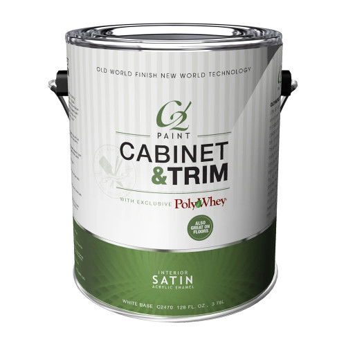 The front of a gallon can with C2 Cabinet and Trim Paint in satin sheen