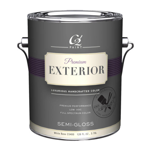 The front of a 1 gallon paint can of C2 Exterior premium paint in semi-gloss sheen