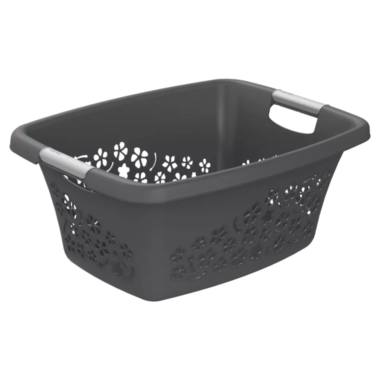 Rotho Wäschekorb Flowers 65 x 49 x 26 cm - 50 l Kunststoff Grau