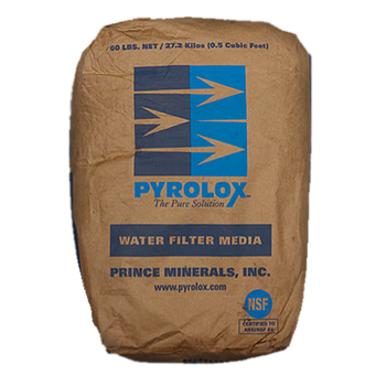 Pyrolox Iron, Manganese, and Hydrogen Sulfide Removal Filter Media 8 x 20 Mesh (0.5 Cu Ft 60 LB) Pyrolox Iron, Manganese, and Hydrogen Sulfide Removal Filter Media 8 x 20 Mesh (0.5 Cu Ft 60 LB)