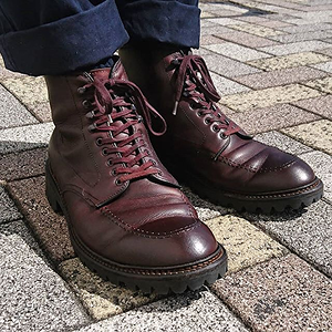 Pair of dark brown Alden boots on a paved surface.