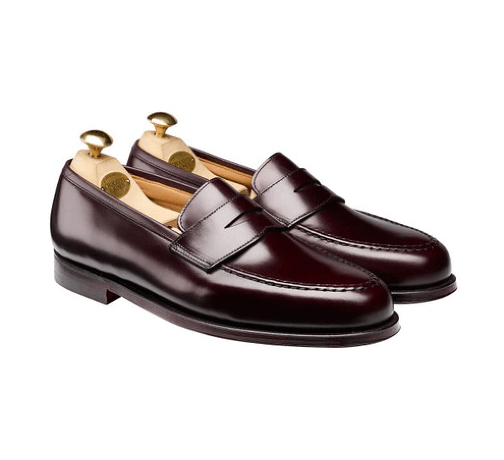 Crockett & Jones burgundy leather penny loafers with cedar shoe trees