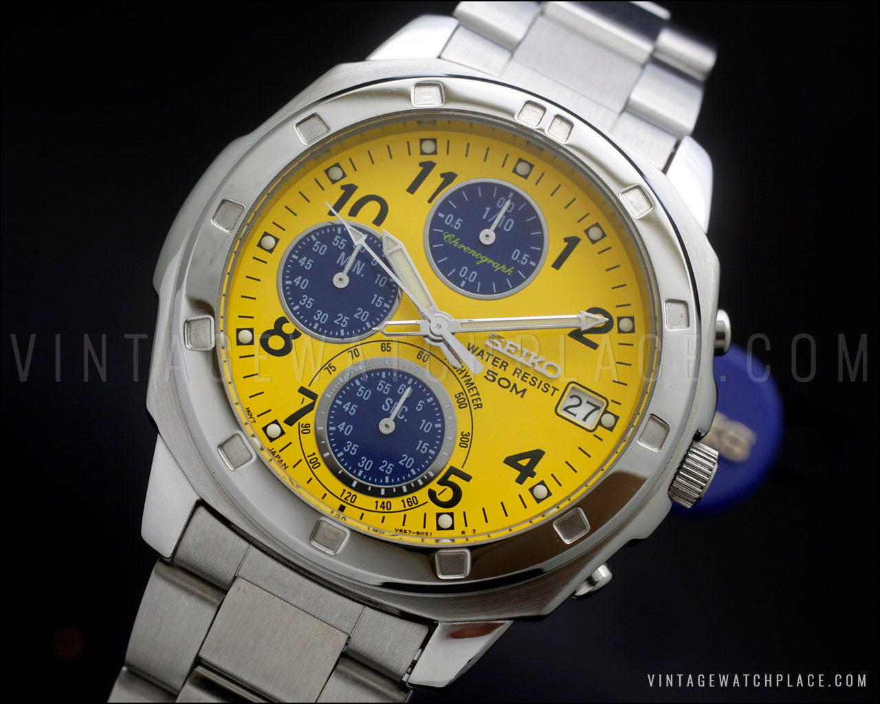 New Old Stock 1998 Seiko Quartz Chronograph vintage watch, yellow