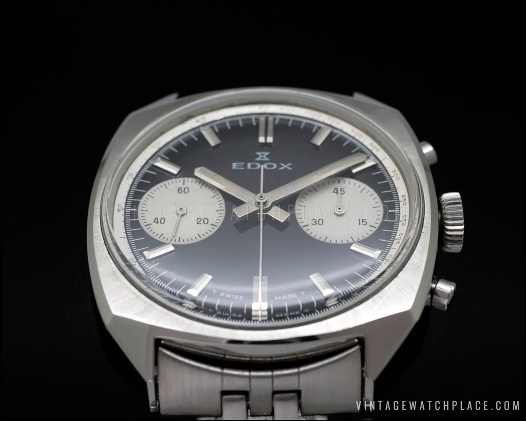 Near NOS Edox Chronograph reverse panda dial vintage watch, black
