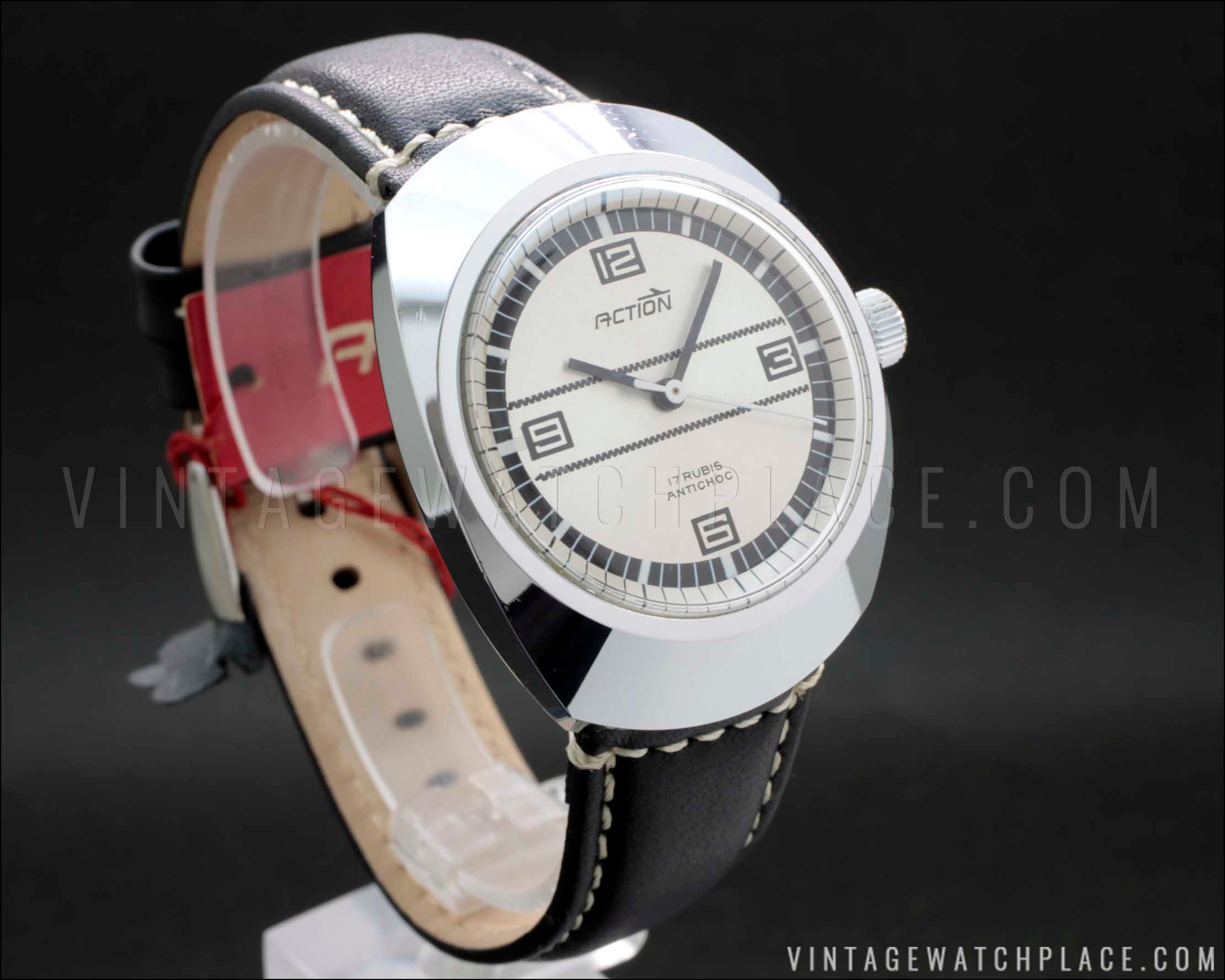 New Old Stock Action mechanical vintage watch, new genuine leather ...