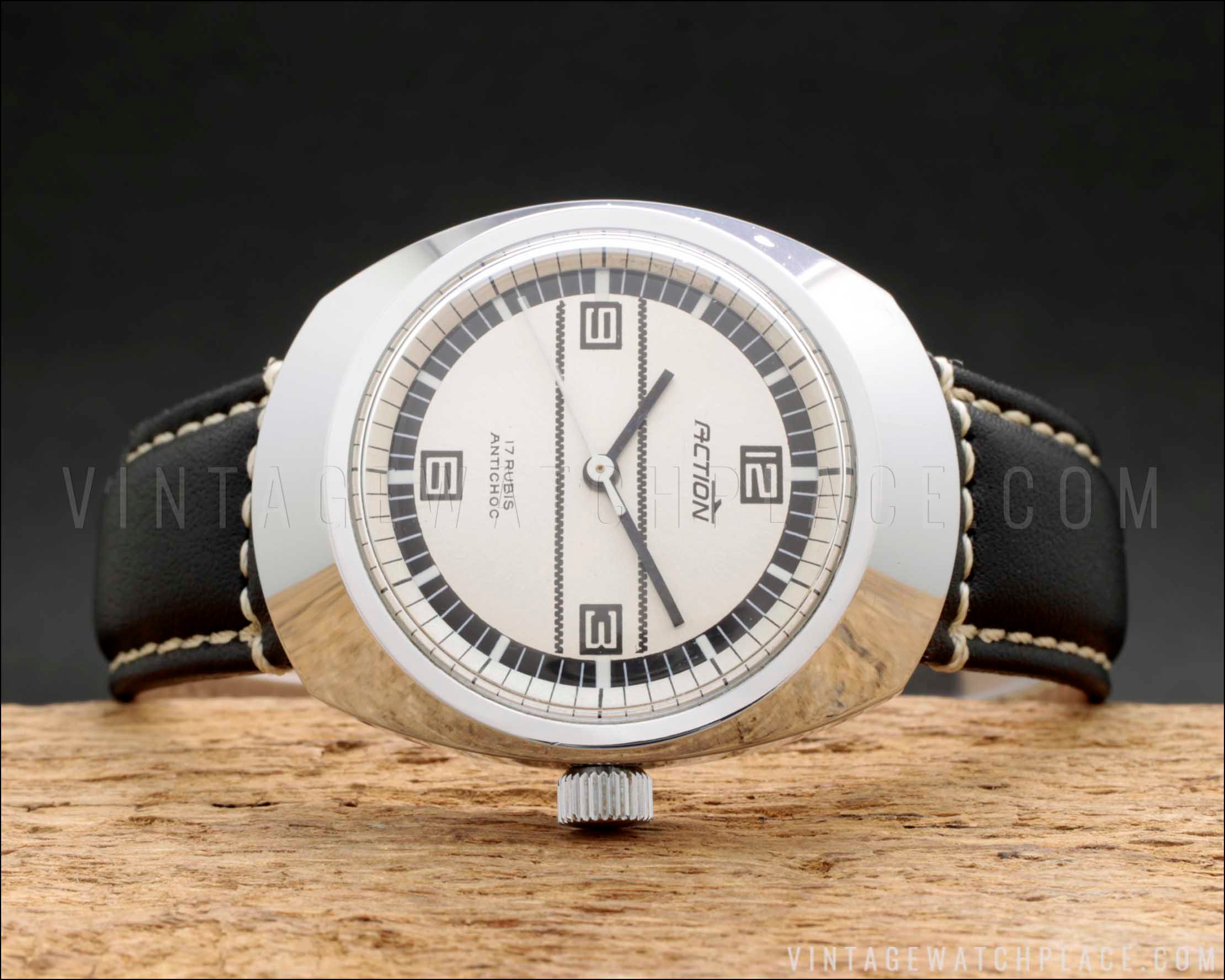 New Old Stock Action mechanical vintage watch, new genuine leather ...