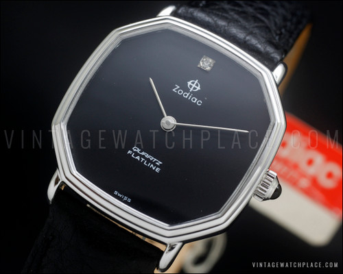 New Old Stock Ladies' Zodiac Flatline black stone dial quartz vintage watch, NOS