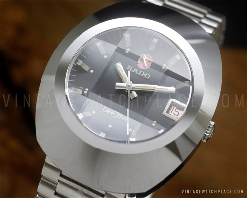 Vintage Rado Diastar automatic watch with black dial and tungsten case