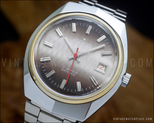 New Old Stock NOS Fortaine automatic vintage watch, faceted crystal, brown dial