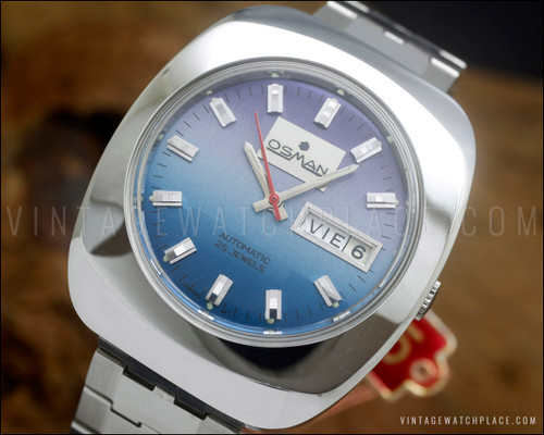 New Old Stock NOS Osman Duo-Tone automatic vintage watch, purple/blue dial, faceted crystal
