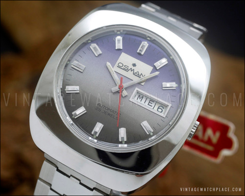New Old Stock NOS Osman Duo-Tone automatic vintage watch, purple/brown dial, faceted crystal