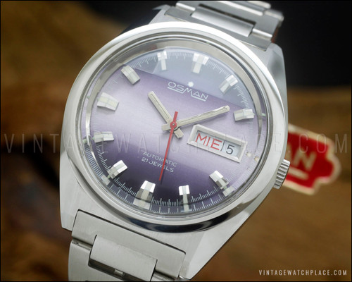 New Old Stock NOS Osman automatic vintage watch, purple dial, ETA 2789