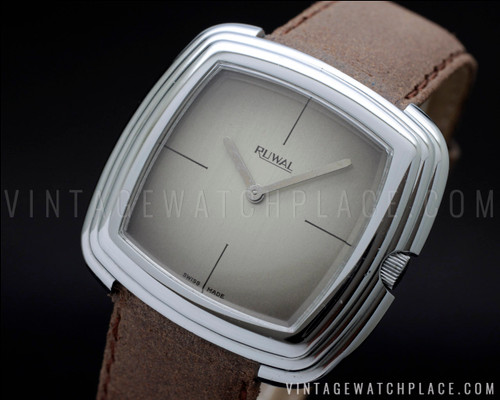 New Old Stock 70's Ruwal rare shape mechanical vintage watch NOS, brown dial