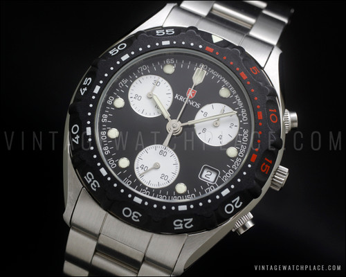 New Old Stock Kronos Diver Chronograph vintage, NOS, panda dial Swiss made ETA 251.272 movement, used by Tag Heuer, Cerina, Tissot, etc., rotating bezel and screw down crown.