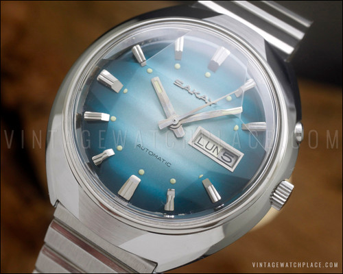 New Old Stock NOS Sakay automatic vintage watch, blue dial, faceted crystal 