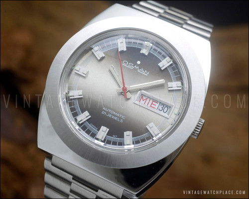 New Old Stock NOS Osman automatic vintage watch, brown dial, faceted crystal