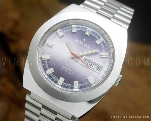 New Old Stock NOS Osman automatic vintage watch, purple dial, faceted crystal