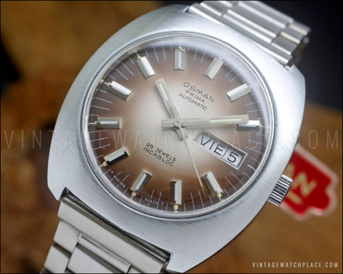 New Old Stock NOS Osman automatic vintage watch, brown dial, ETA 2789
