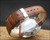 New brown Italian leather strap fitted to the Stelwatch automatic vintage watch, shown with polished buckle and clean stitching.