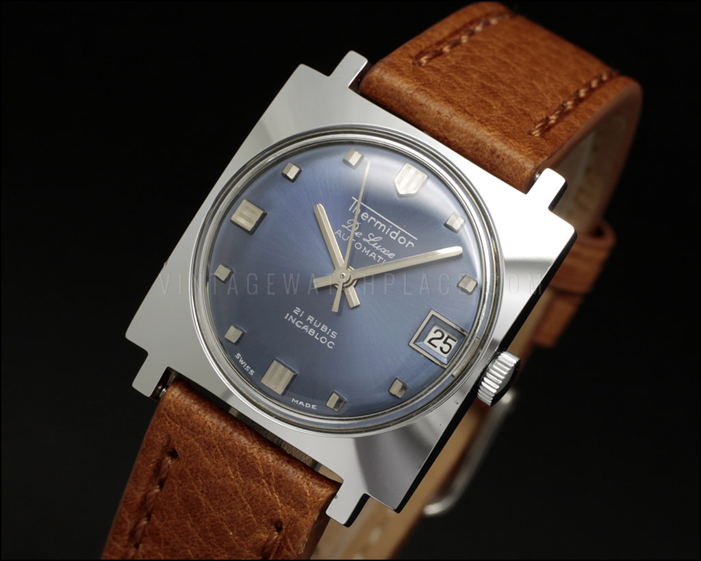 watch, dial elegant old automatic watch, stock, 2452, vintage blue new square, ETA NOS casual & Thermidor