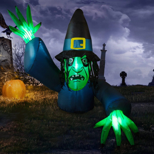 5 FT Height Halloween Inflatables Green Face Witch with Wizard hat, Blow Up Yard Decoration Clearance with LED Lights Built-in for Holiday/Party/Yard/Garden