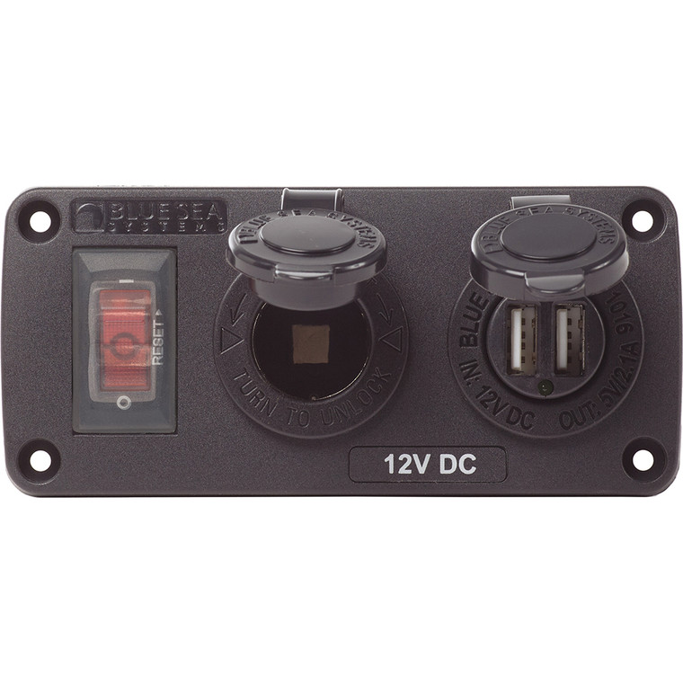 Blue Sea 4363 Water Resistant USB Accessory Panels - 15A Circuit Breaker, 12V Socket, 2.1A Dual USB Charger