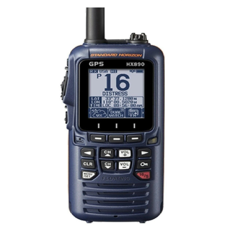 Handheld VHF Standard HX890 W/ GPS, DSC, FM recvr, Scrambler, Strobe- Float blue