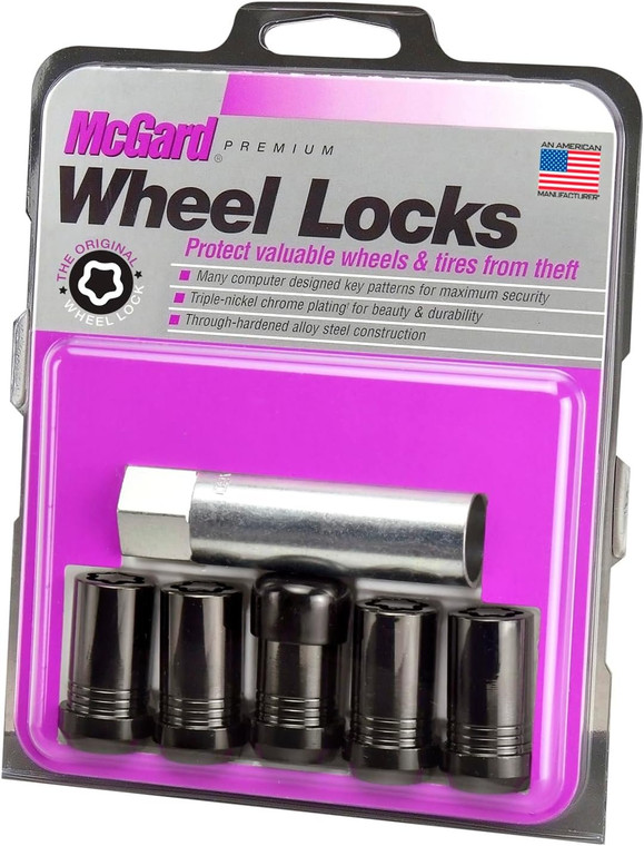 McGard Wheel Lock, Premium, 14 mm x 1.50 Thread, Cone Seat, Black Chrome, Set of 5 (25515BK)